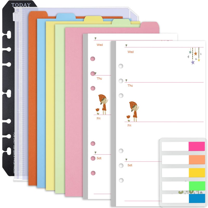Rancco A6 Planner Inserts Weekly Planner Refills  90 Pages Colorful 6-Ring Loose-leaf Paper Binder Inserts w/Divider  PVC Pouch  Ruler  Index Tab for Journal  Filofax  Double-sided  Undated  6.9x3.7"" - Image 1
